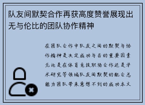 队友间默契合作再获高度赞誉展现出无与伦比的团队协作精神