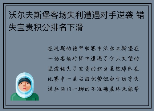 沃尔夫斯堡客场失利遭遇对手逆袭 错失宝贵积分排名下滑